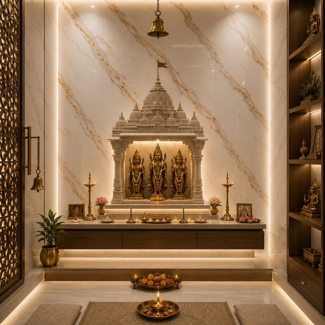 AL En Agata Gold Marble Pooja Room Tiles - My Home Studio